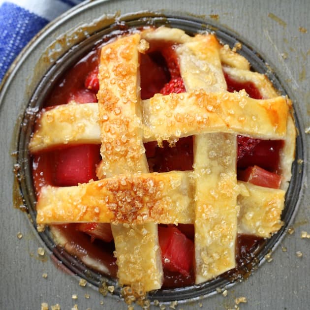 Close up Mini Strawberry Rhubarb Pie in Muffin Tin