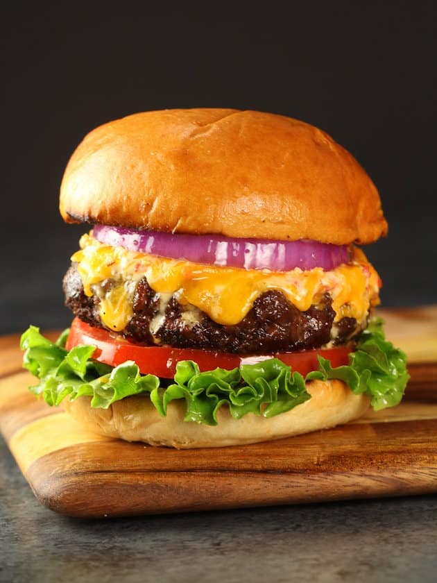 Bacon Cheeseburger Close up on a cutting board