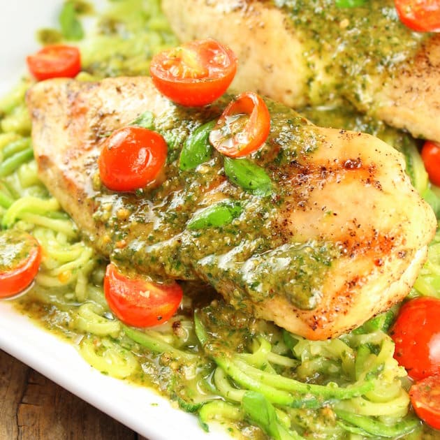 Mozzarella and Pesto Stuffed Chicken with Zoodles