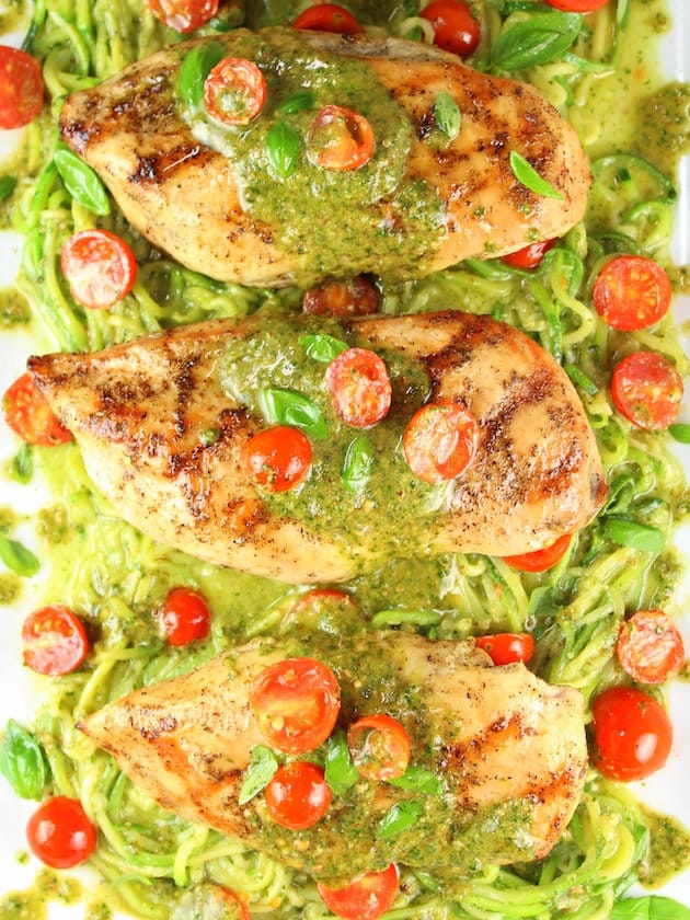 Mozzarella and Pesto Stuffed Chicken with Zoodles is a fresh and cheesy well-balanced meal the whole family will enjoy