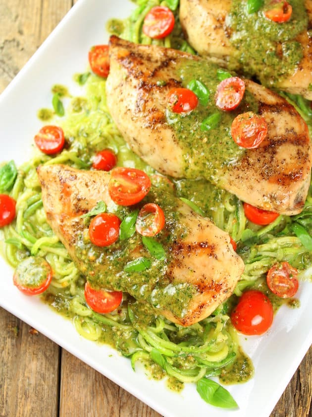 Mozzarella and Pesto Stuffed Chicken with Zoodles is a fresh and cheesy well-balanced meal the whole family will enjoy