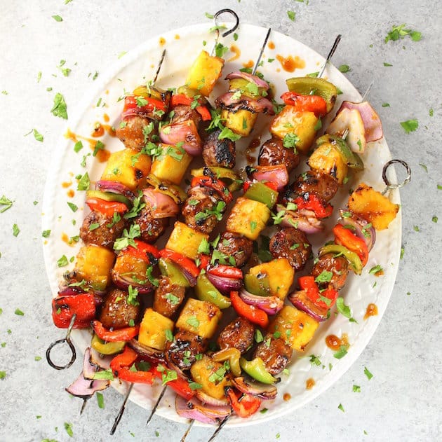 Teriyaki Chicken Meatball Kabobs Recipe &amp; Image - Fresh pineapple, red &amp; green peppers, red onions, Teriyaki Ginger Chicken Meatballs and homemade Teriyaki sauce.