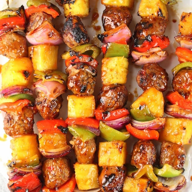 Closeup of skewers of teriyaki skewers