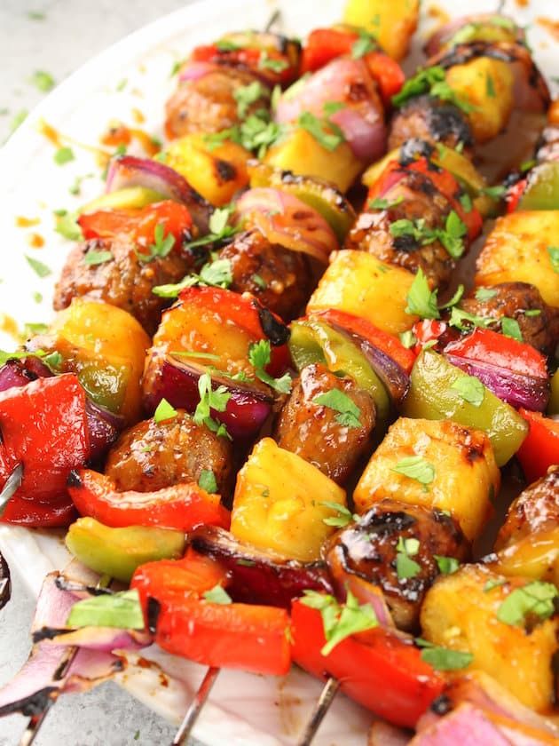 Teriyaki Chicken Meatball Kabobs Recipe &amp; Image - Fresh pineapple, red &amp; green peppers, red onions, Teriyaki Ginger Chicken Meatballs and homemade Teriyaki sauce.