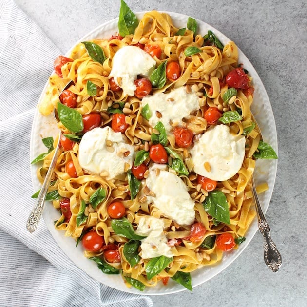 Tagliatelle with Burrata, Tomatoes, and Pine Nuts - Taste And See