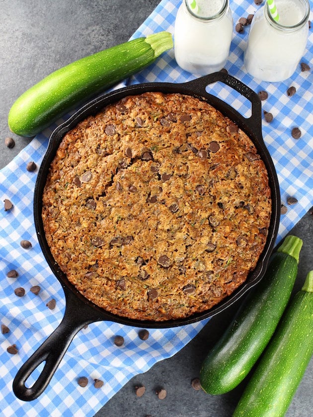 Chocolate chip zucchini cake in a cast iron skillet