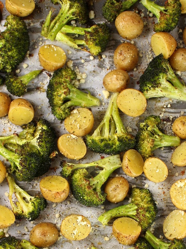 Ranch Potatoes and Broccoli on cookie sheet