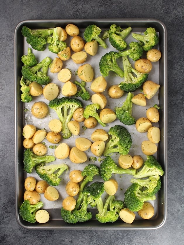 Baking sheet with Ranch Potatoes and Broccoli