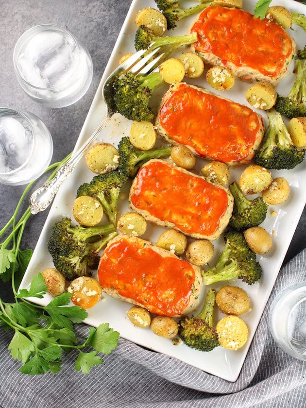 Turkey Meatloaves with Ranch Potatoes and Broccoli on serving platter