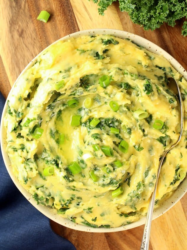 Bowl of cheesy kale mashed potatoes