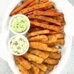 Fish Sticks and Sweet Potato Fries with Avocado Ranch Sauce