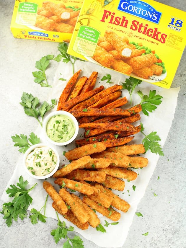 Fish Sticks and Sweet Potato Fries with Avocado Ranch Sauce