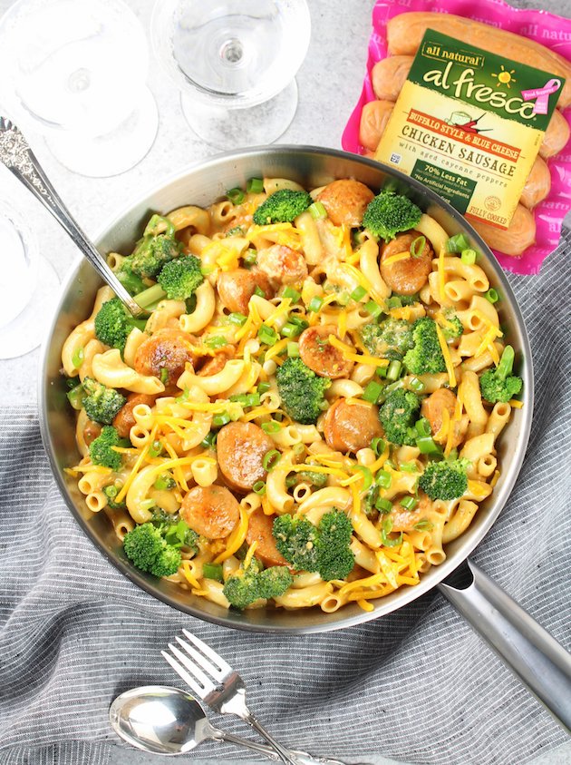 Buffalo Chicken Broccoli Mac and Cheese with al fresco all natural sausage
