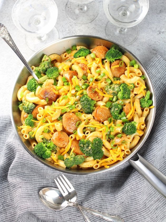 Saute pan with broccoli, pasta, Cheese and Chicken
