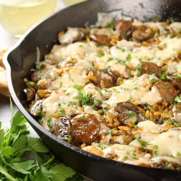 Marsala Chicken Orzo Skillet partial pan up close