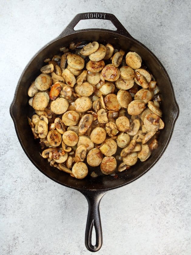 Cooked mushrooms in Marsala Chicken Orzo Skillet