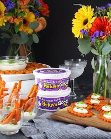 Tablescape of sweet potato fries and cheese dip