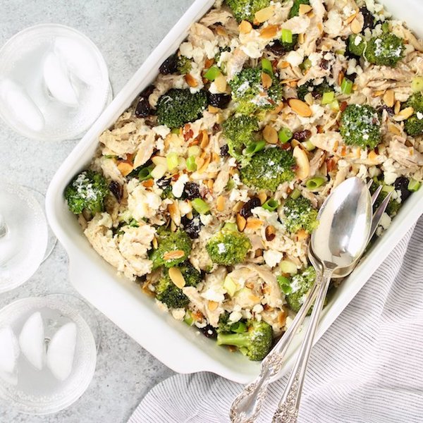 Casserole dish with chicken broccoli almonds and cherries