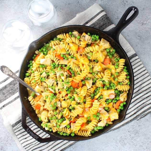 Cheesy Turkey Noodle Casserole in a cast iron skillet