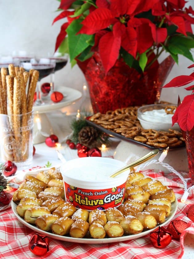 Holiday party tablescape with pretzels and dip