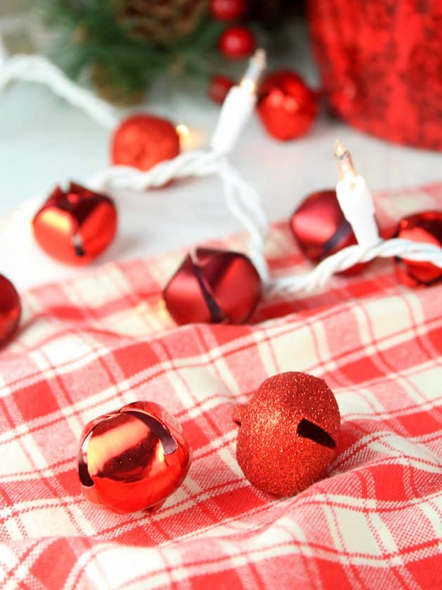 Holiday tablescape with lights and jingle bells