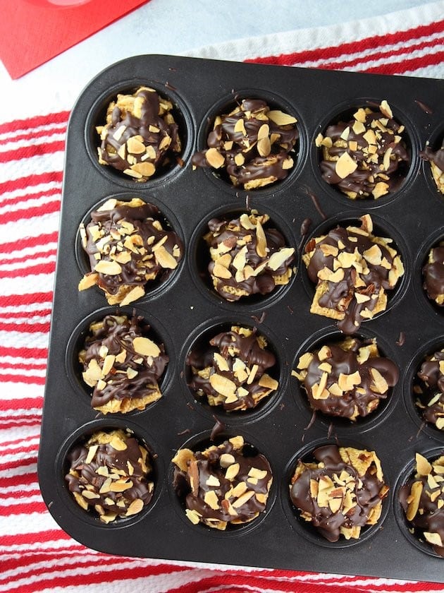 Chocolate Cereal Bites with Peanut Butter bites in a muffin pan