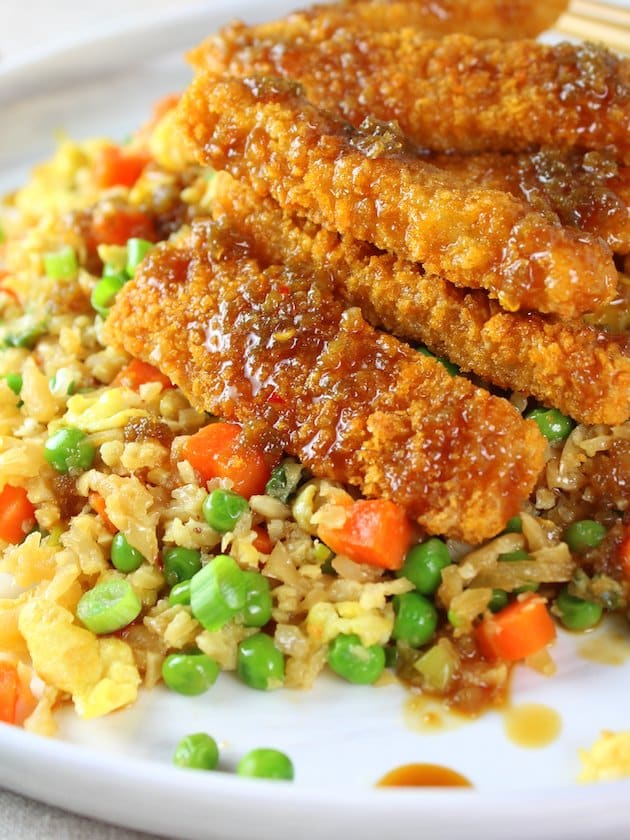 Soy-Orange Crispy Fish over Cauliflower Fried Rice - Eye Level Partial Plate