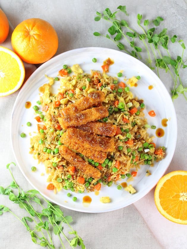 Soy-Orange Crispy Fish over Cauliflower Fried Rice