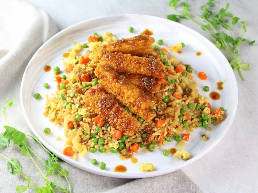 Soy-Orange Crispy Fish over Cauliflower Fried Rice 