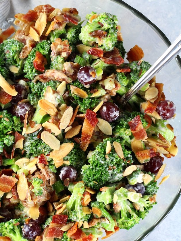 Broccoli Salad with Grapes and Bacon - Over top partial bowl of salad