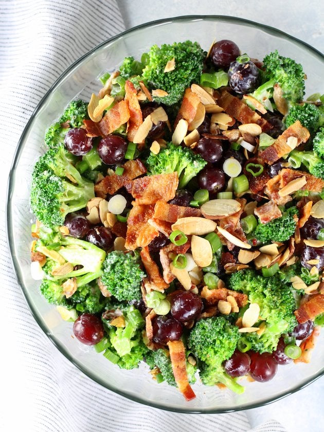 Broccoli Salad with Grapes and Bacon in a glass bowl