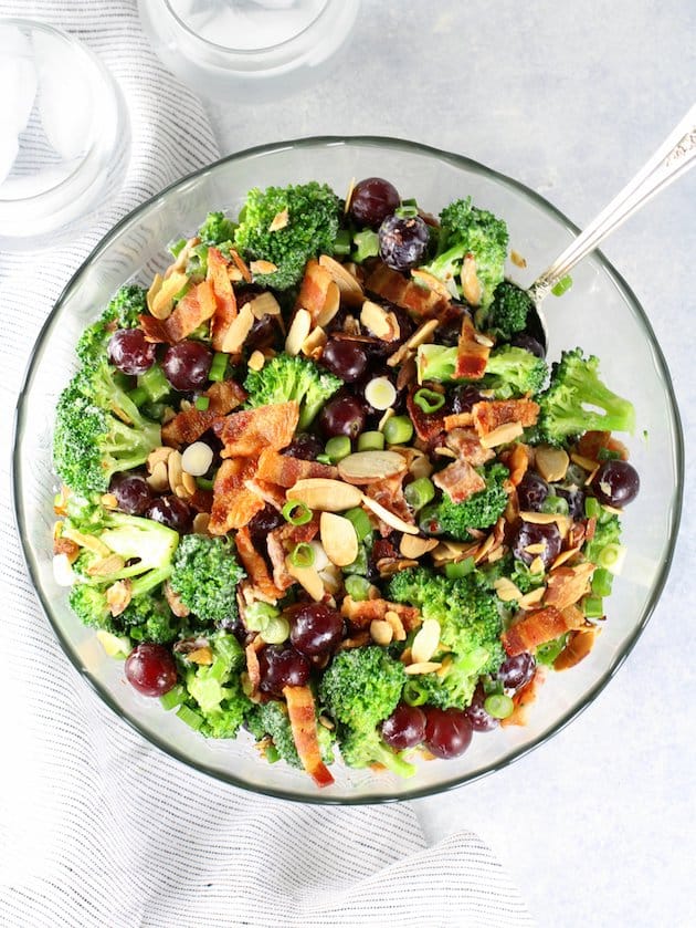 Broccoli Salad with Grapes and Bacon - Wide shot full bowl of salad