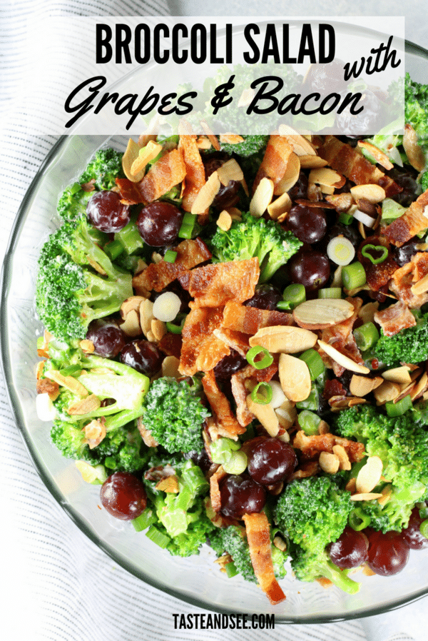 This Broccoli Salad with Grapes and Bacon - a delicious salad that can even double as a meal. With blanched broccoli, red grapes, sliced almonds, green onions, yummy bacon, and the most delicious creamy dressing! #healthy #easy #lowcarb #skinny #tasteandsee || https://tasteandsee.com ||