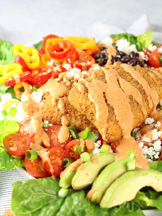 Southwestern Cobb Salad with Creamy Chipotle Dressing Recipe &amp; Image - Eye Level Partial Plate of Cobb Salad