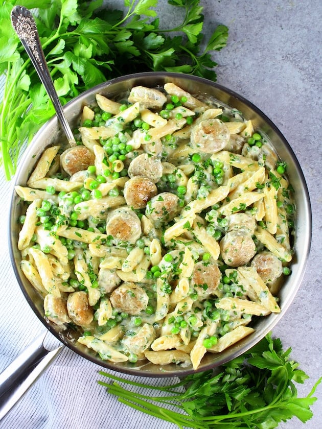 Chicken Alfredo with Penne and Peas full pan over top