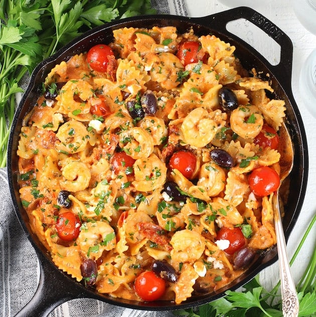 Greek-Shrimp-Pasta-with-Sun-dried-Tomatoes-and-Feta-OT-pan-spoon-2-SQ