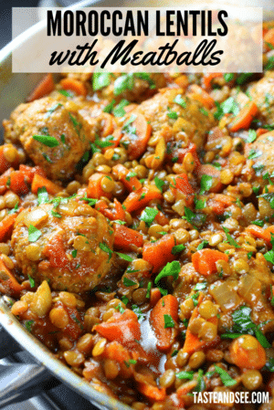 Moroccan Lentils with Turkey Meatballs - a delicious and hearty meal layered with the most delightful combination of Moroccan flavors! With green lentils, tomatoes, parsley, warm Moroccan spices like cumin, turmeric, paprika, cayenne, cloves, and homemade turkey meatballs. #turkey #turkeymeatballs #lentils #moroccan #tasteandsee | https://tasteandsee.com