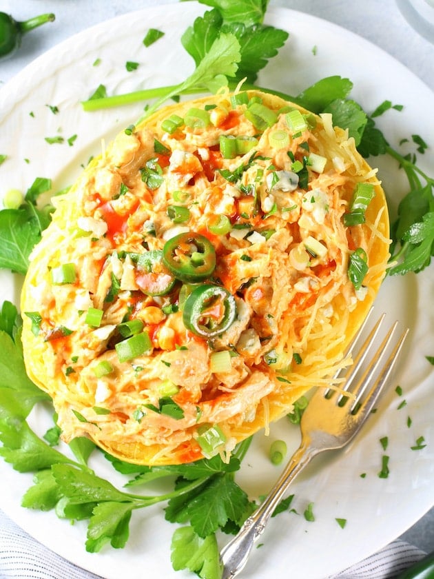 Instant Pot Spaghetti Squash Buffalo Chicken (Low Carb) Recipe & Image - Cooked Squash on plate OT