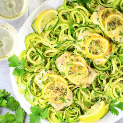 Baked Haddock Fish Piccata with Zucchini Noodles