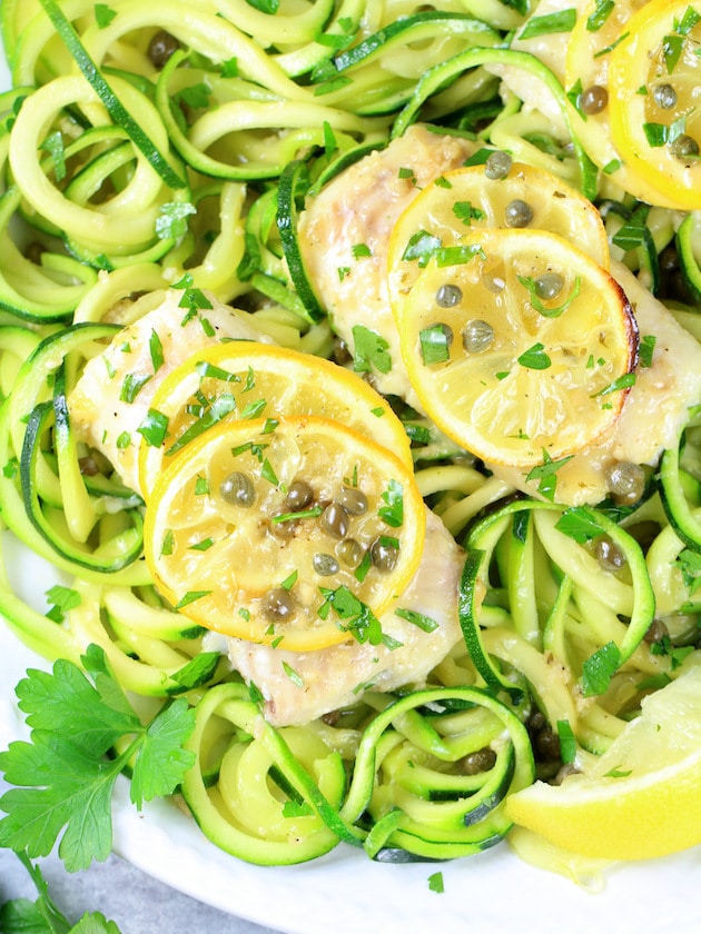 Baked Haddock Piccata with Zucchini Noodles
