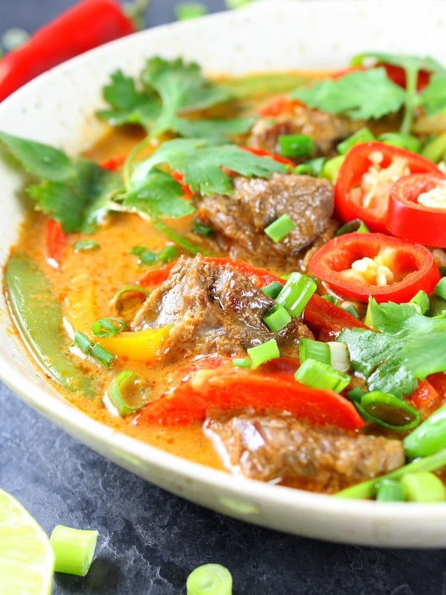 Partial Bowl of Instant Pot Beef Thai Red Curry Close Up