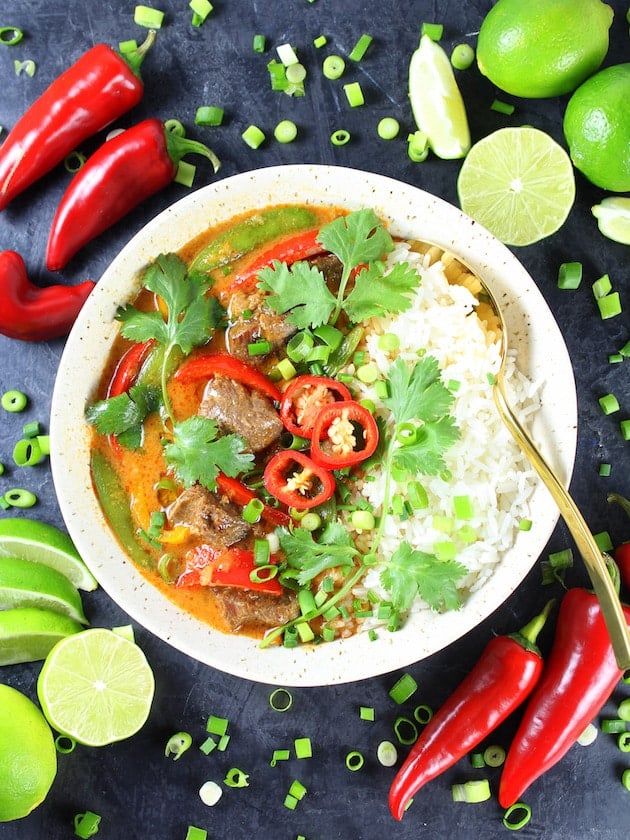 Bowl of Instant Pot Beef Thai Red Curry with red chilies 