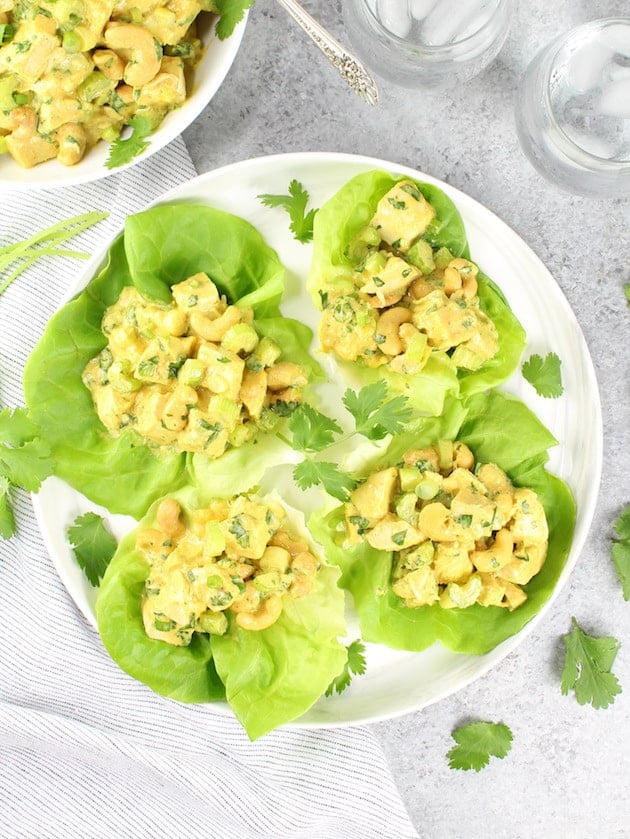 Full plate of lettuce wraps with Lighter Curried Chicken Salad with Cashews 
