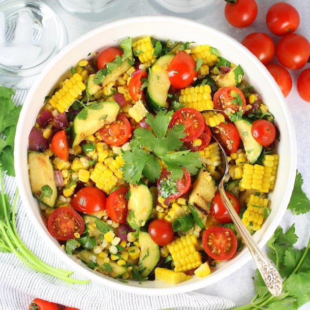 Grilled Veggies and Corn Salad with White Balsamic Dressing