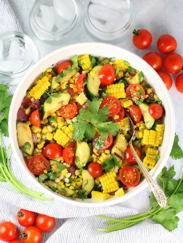 Grilled Veggie corn salad in a serving bowl