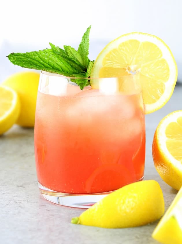 Close up of one glass of Watermelon Lemonade Prosecco Spritzer 