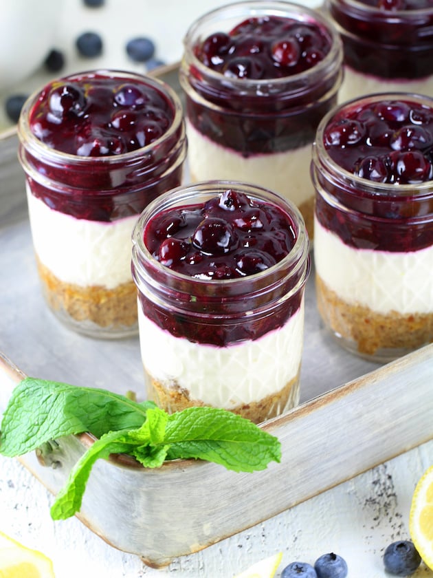 Blueberry Lemon No Bake Cheesecake Jars On Tray