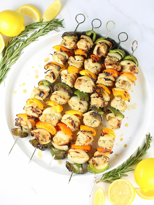 Skewers of Grilled Rosemary Lemon Chicken Kabob on a platter