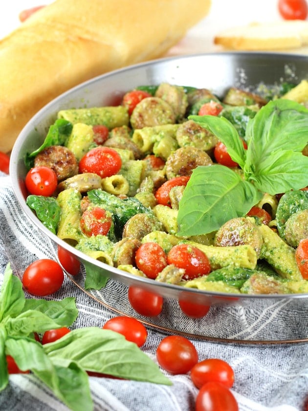  One Pot Creamy pesto chicken pasta up close eye level