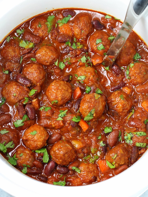 Close up of meatballs in a crockpot 